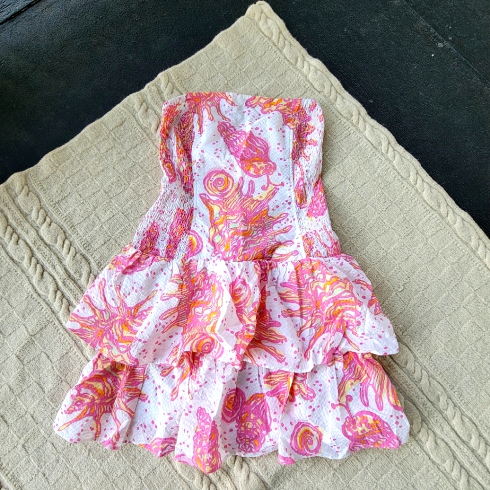 Lilly Pulitzer Elinor Strapless Drop Waist Dress size XS Conched Out Pink Orange